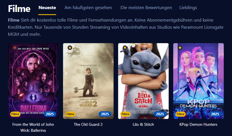Bildschirmaufnahme der Filmkiste-Benutzeroberflaeche im Retro-Stil mit gruenem Text auf dunklem Hintergrund